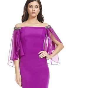 THEIA. Off the shoulder silk crepe dress.